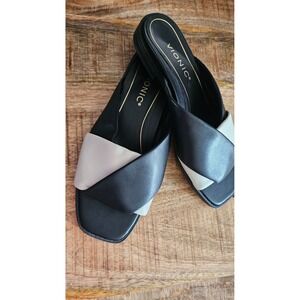 Vionic Miramar Black/Cream Leather Crisscross Square Toe Slide Sandals size 7.5